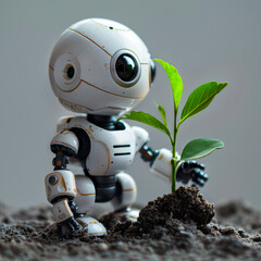 Robot planting a plant artificial intelligence concept, green planet