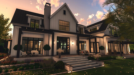 Twilight transforms the modern farmhouse luxury home exterior into a vision of elegance and serenity, a perfect retreat at day's end. --ar 16:9 --v 6.0 - Image #2 @Zubi