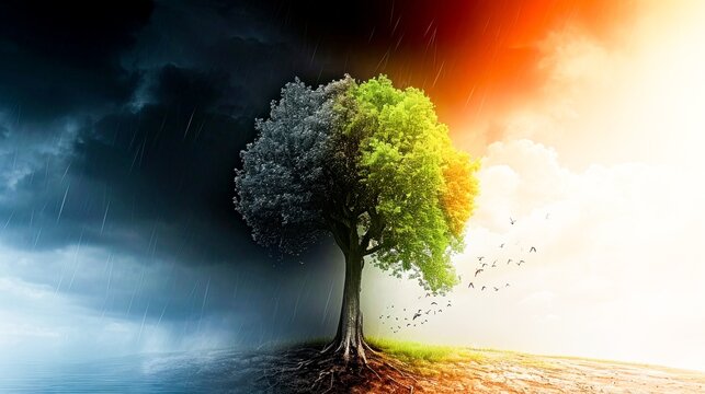  A tree depicting different seasons, divided down the middle by weather elements.Times of Change. illustrating change, natural cycles or environmental concepts