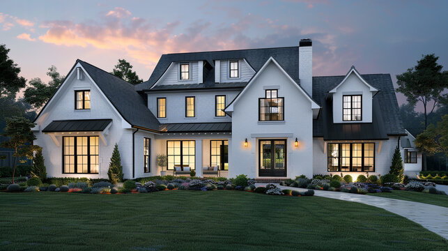 Twilight transforms the modern farmhouse luxury home exterior into a vision of elegance and serenity, a perfect retreat at day's end. --ar 16:9 --v 6.0 - Image #1 @Zubi