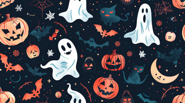 A repetitive design featuring Halloween pumpkins and ghost faces. Halloween. Seamless pattern. Holiday gift wrap. Banner