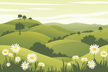 Fototapeta premium Beautiful landscape vector illustration of summer fields and green meadows, chamomile flowers, grass, bushes and trees on a background of hills. Cartoon style.