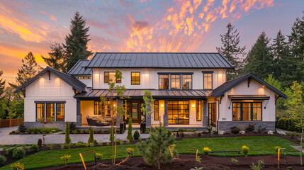 Twilight unveils the modern farmhouse luxury home exterior, a blend of contemporary style and natural beauty. --ar 16:9 --v 6.0 - Image #2 @Zubi