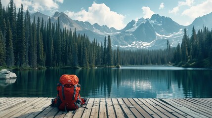 Backpack by Mountain Lake - obrazy, fototapety, plakaty