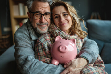 Senior couple joyfully holding a pink piggy bank, close up, capturing their retirement savings pride.