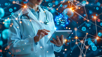 Healthcare professional engaging with modern digital interfaces, blending medicine and technology