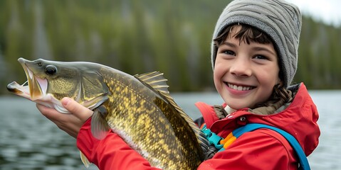 Front view, close up shot. By the lakeside of the autumn campsite, a young boy reels in a big fish, gleefully holding it up to showcase to the camera.