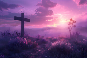 Purple landscape with wooden cross or crucifix, representing the lent season and holy week. - obrazy, fototapety, plakaty