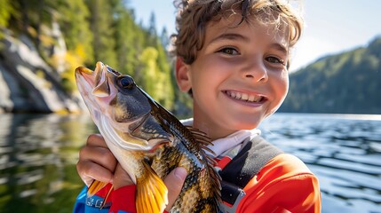 Front view, close up shot. On a sunny holiday, a young boy fishes in the lake at the campsite. He holds up a fish, smiling happily at the camera.