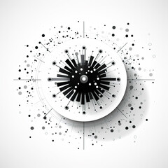 The abstract black-and-white design features a central circular motif of radiating lines and dots, creating a dynamic, explosive effect. AI generated.