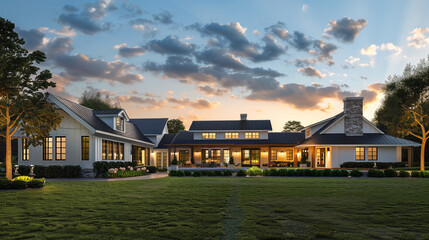 Twilight unveils the stunning modern farmhouse luxury home exterior, blending sophistication with natural beauty. --ar 16:9 --v 6.0 - Image #2 @Zubi