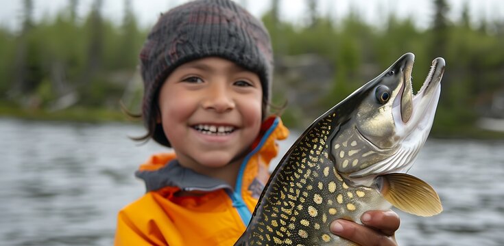 Front view, close up shot. an adorable little boy caught a fish in the lake at the autumn campsite, proudly holding it up for display.