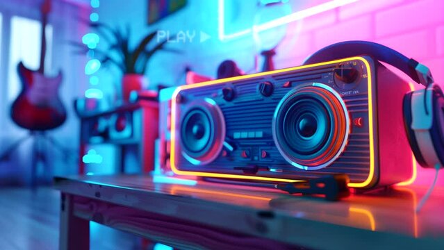 Radio with neon lighting in the studio room, for background music. seamless looping 4k time-lapse video background
