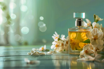 Beautiful perfume bottle presentation in the background with flowers or blur - obrazy, fototapety, plakaty
