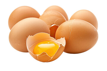 Group of brown raw chicken eggs, one is broken, yolk egg visible, isolated on transparent, studio shot 