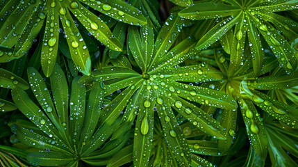 Water droplets clinging to the surface of vibrant green fern fronds, creating a captivating abstract pattern. Against the backdrop of a dense forest.