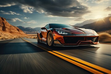 Obraz premium Racer car on road with clouds Generative AI