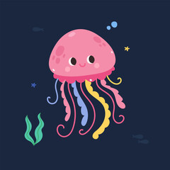 Cute cartoon jellyfish, vector illustration on the background of the underwater world