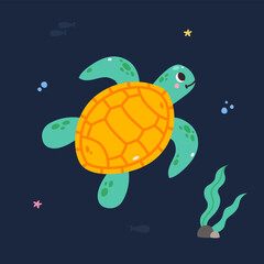 Cute cartoon turtle, vector illustration on the background of the underwater world