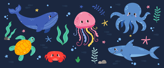 Cartoon sea life set. Sea animals. Cute vector animals, underwater world, isolated