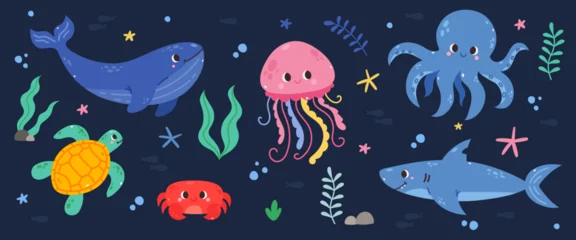 Verduisterende gordijnen In de zee Cartoon sea life set. Sea animals. Cute vector animals, underwater world, isolated