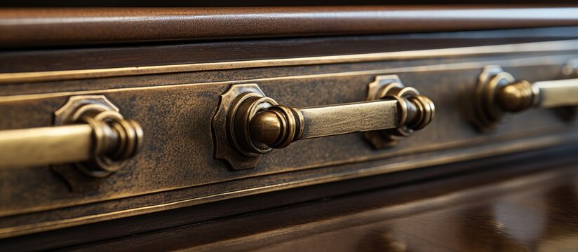 Capture the detailed view of a wooden cabinet featuring elegant brass knobs and handles.