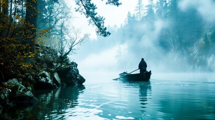 A lone figure rows a boat on a serene, mist-covered lake flanked by trees.