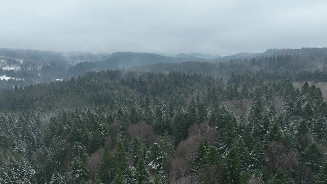 Aerial natural landscape of mountains in winter