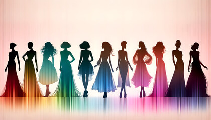 a row of female silhouettes in various fashionable dresses, creating an elegant fashion show lineup - obrazy, fototapety, plakaty
