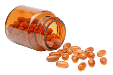 isolated open orange pill bottle and capsules, white background