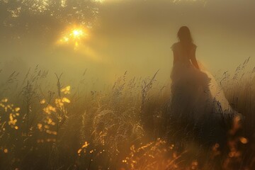 Geheimnisvolle Frau im langen weißen Kleid in goldener Morgensonne, atmosphärisch - obrazy, fototapety, plakaty