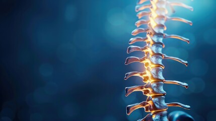 Spine bone structure human anatomy with light on dark blue background. AI generated image - obrazy, fototapety, plakaty
