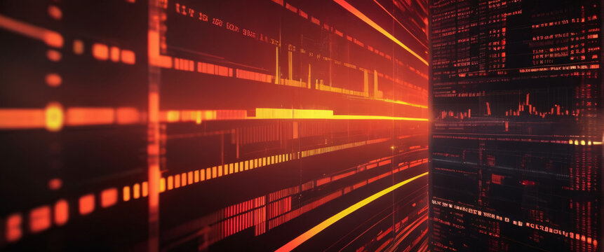 abstract background of coding software for stock market, red and orange sci-fi palette tone