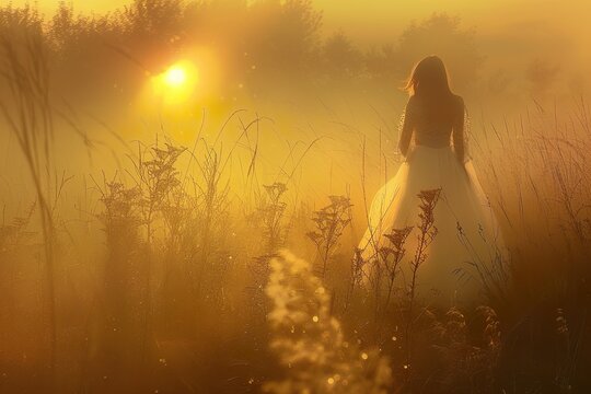 Geheimnisvolle Frau im langen wei&szlig;en Kleid in goldener Morgensonne, atmosph&auml;risch