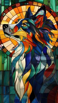 A stained glass picture of a wolf