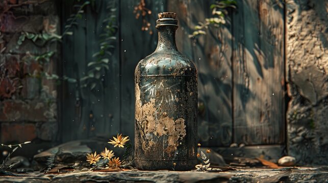 Atmospheric image of an ancient antique bottle, exuding a sense of mystery and nostalgia with its