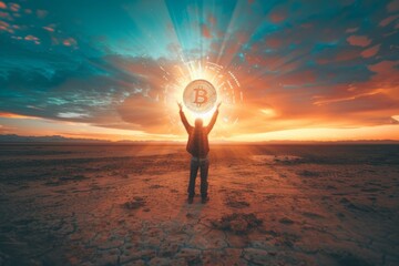 lone figure holding glowing bitcoin empor, against desolated landscape depicting the transformative power of cryptocurrency. hope and empowerment concept. 