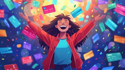 Reward points raining down on a happy shopper, surrounded by swirling credit cards