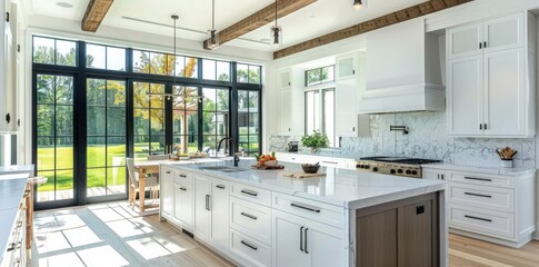 Luxury modern farmhouse kitchen interior with large island, white cabinets and wooden beams in a sunny windowed room. minimalist kitchen with copy space