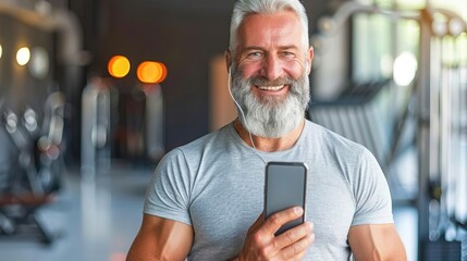 Cheerful senior man with earphones using smartphone in a gym.