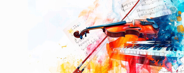 A painting featuring a violin and a piano, showcasing the elegant instruments in a harmonious composition. Musical Background. A festive festival. Concerts and Philharmonic. Banner. Copy space