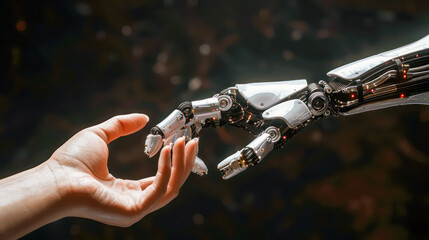 A robot hand touches a human hand - obrazy, fototapety, plakaty