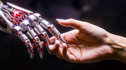 A robot hand touches a human hand - obrazy, fototapety, plakaty