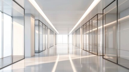 3D Rendering empty bright long passageway in office building isolated white color. AI generated - obrazy, fototapety, plakaty