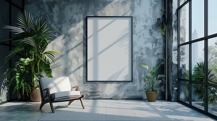 Elegant presentation of a thin black frame mockup on a minimalist white studio wall, providing a v