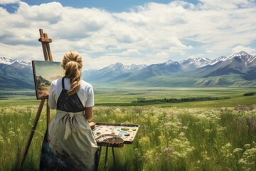 Woman Painting in Field With Mountains in Background