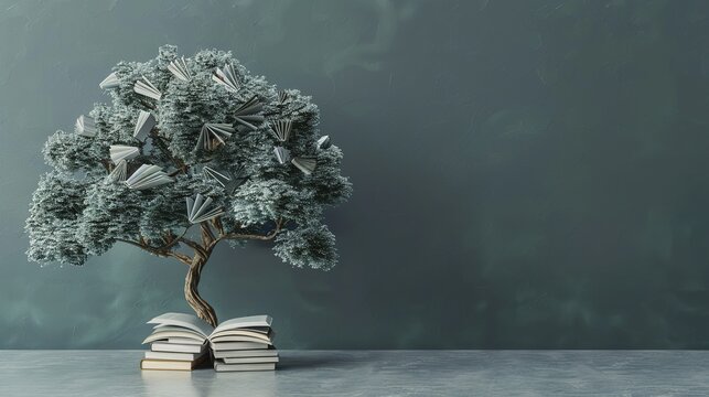 Tree with Books on Minimalist Background. Book, Education, Literacy, Knowledge, Imagination, Banner, Copy Space, Notebook, Page, Creative, Read, Learning, Idea, Reading, Happy
