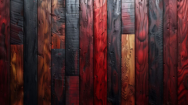 Vibrant red and black painted wooden planks. Striking wall texture for bold design and print concepts