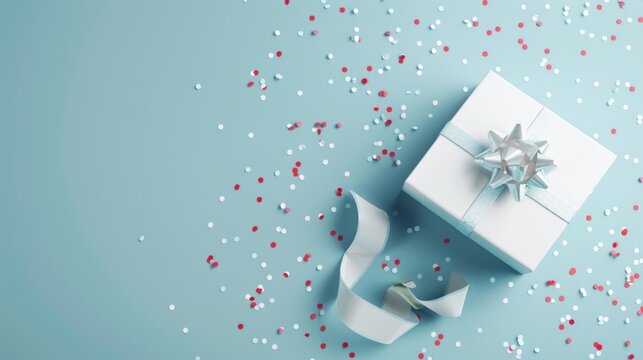 Opened white gift box with bow ribbon and confetti on pastel blue background. AI generated image