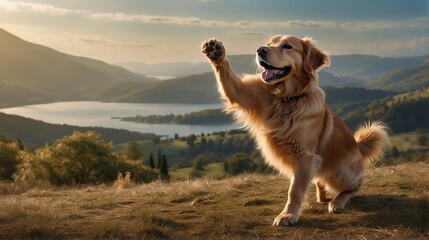 golden retriever dog with paw up in air  - obrazy, fototapety, plakaty